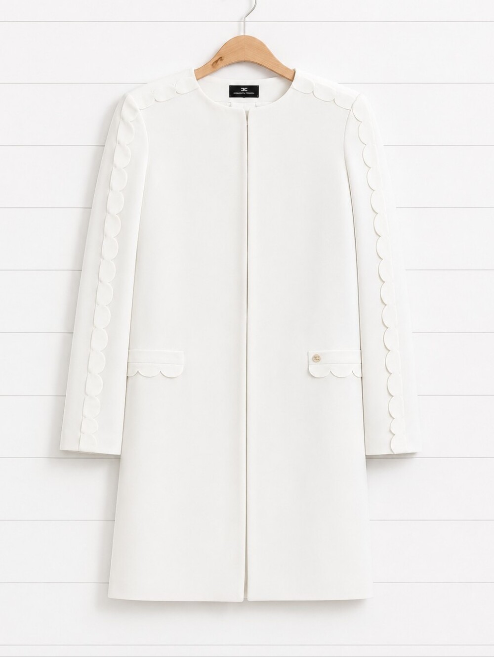 Elisabetta Franchi Off White Lined Collarless Scalloped Sleeve Crepe Coat 46(10)